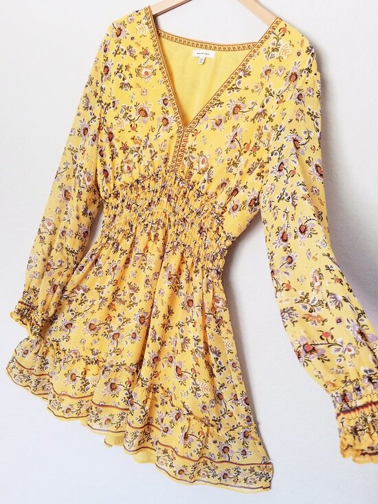 Max Studio Dresses & Skirts - Max Studio Yellow Floral Smocked Waist V-Neck Mini Dress Long Sleeve Size L